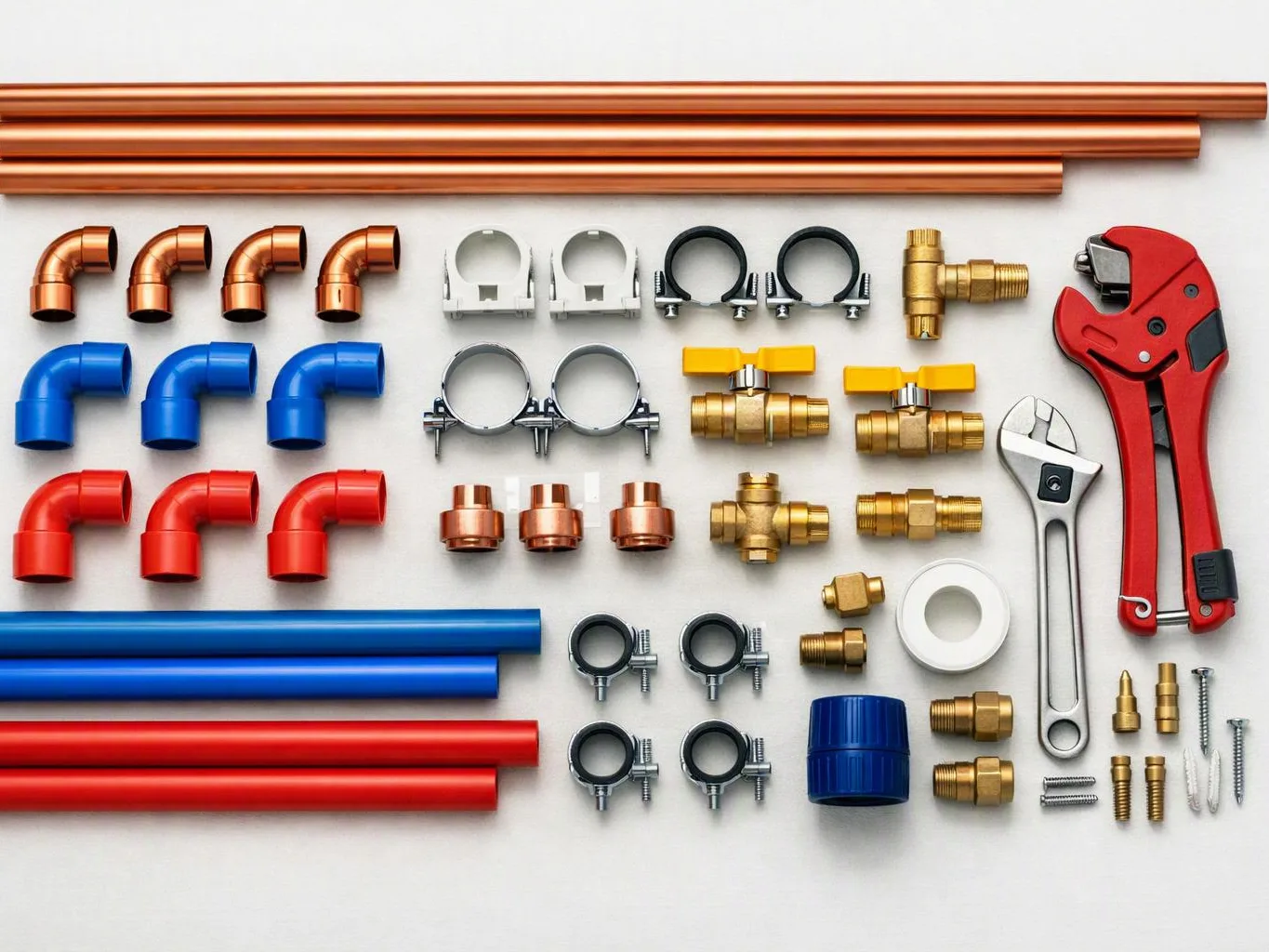 Assorted copper, blue, and red pipes, fittings, clamps, and tools are arranged neatly on a white surface