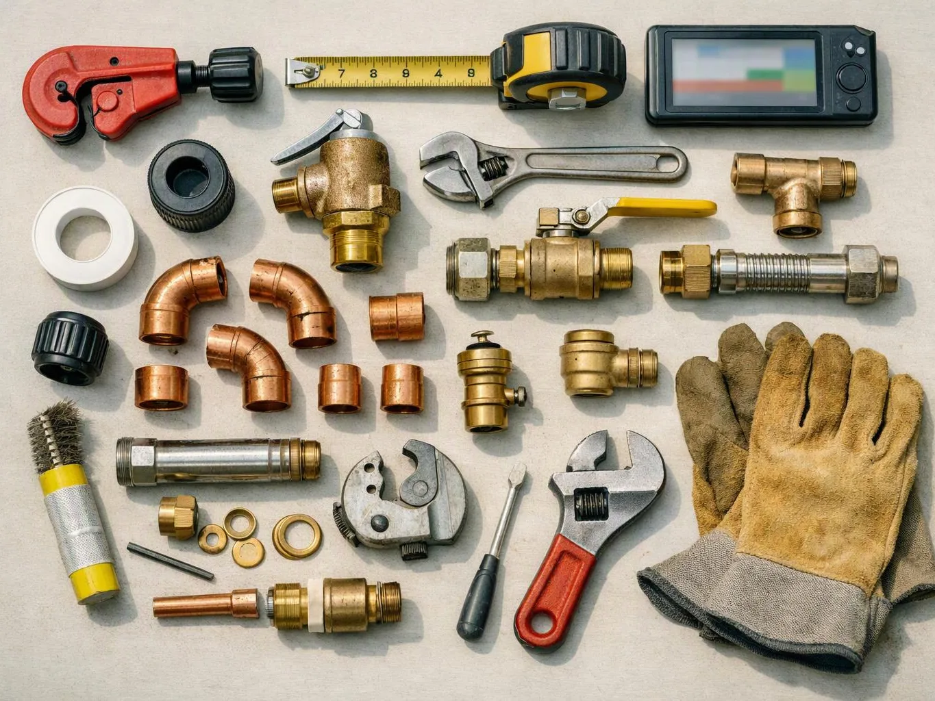 Assorted plumbing tools, copper fittings, gloves, and measuring gear are neatly arranged on a light surface