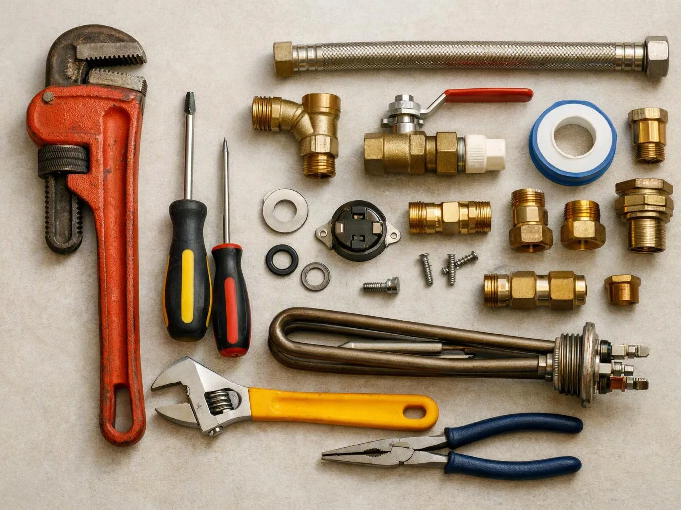 Assorted plumbing tools, fittings, valves, screws, and a heating element are arranged neatly on a light surface