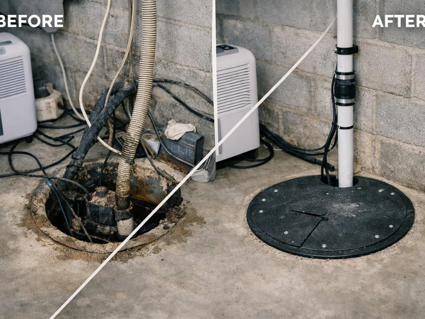 A basement floor split between a cluttered open pit and a sealed pipe cover with cables attached