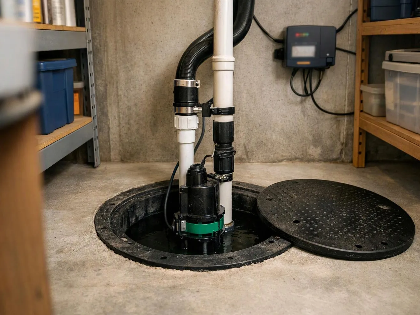 A basement sump pump sits in an open floor pit beside white pipes and shelving