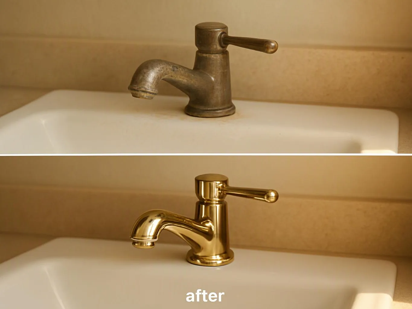 Before and after photos show a worn bronze faucet above a white sink, then a shiny gold faucet after replacement