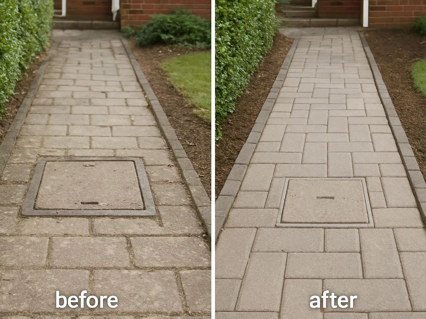 A before-and-after view shows a paved walkway with a square utility cover and trimmed hedges beside a brick house