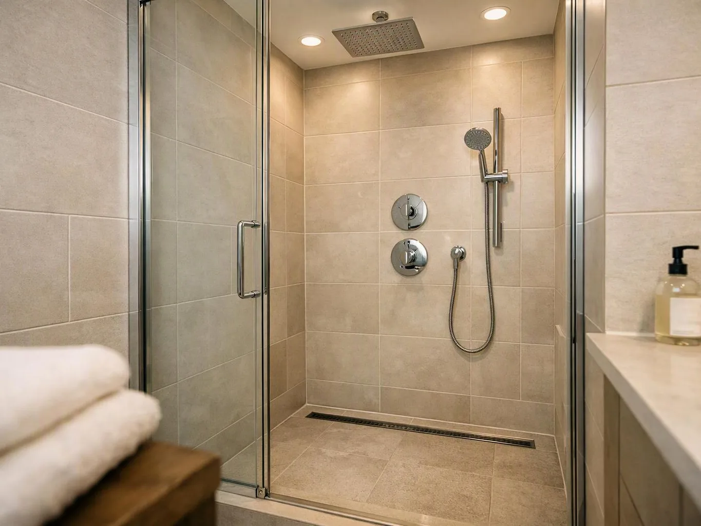 A beige tiled walk-in shower with glass doors, chrome fixtures, folded towels, and a soap dispenser