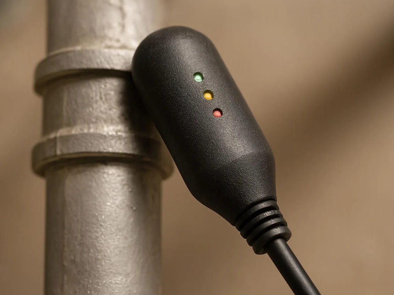 A black cable connector with three colored indicator lights rests against a gray metal pipe against a beige background
