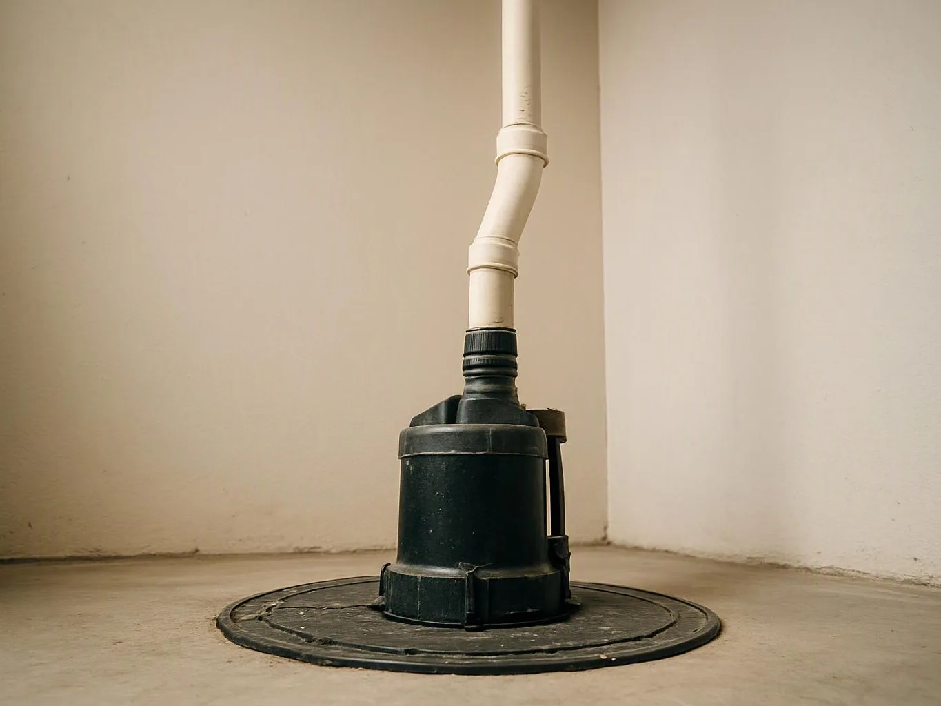 A black floor drain pump stands on a concrete floor with a white pipe rising against bare walls