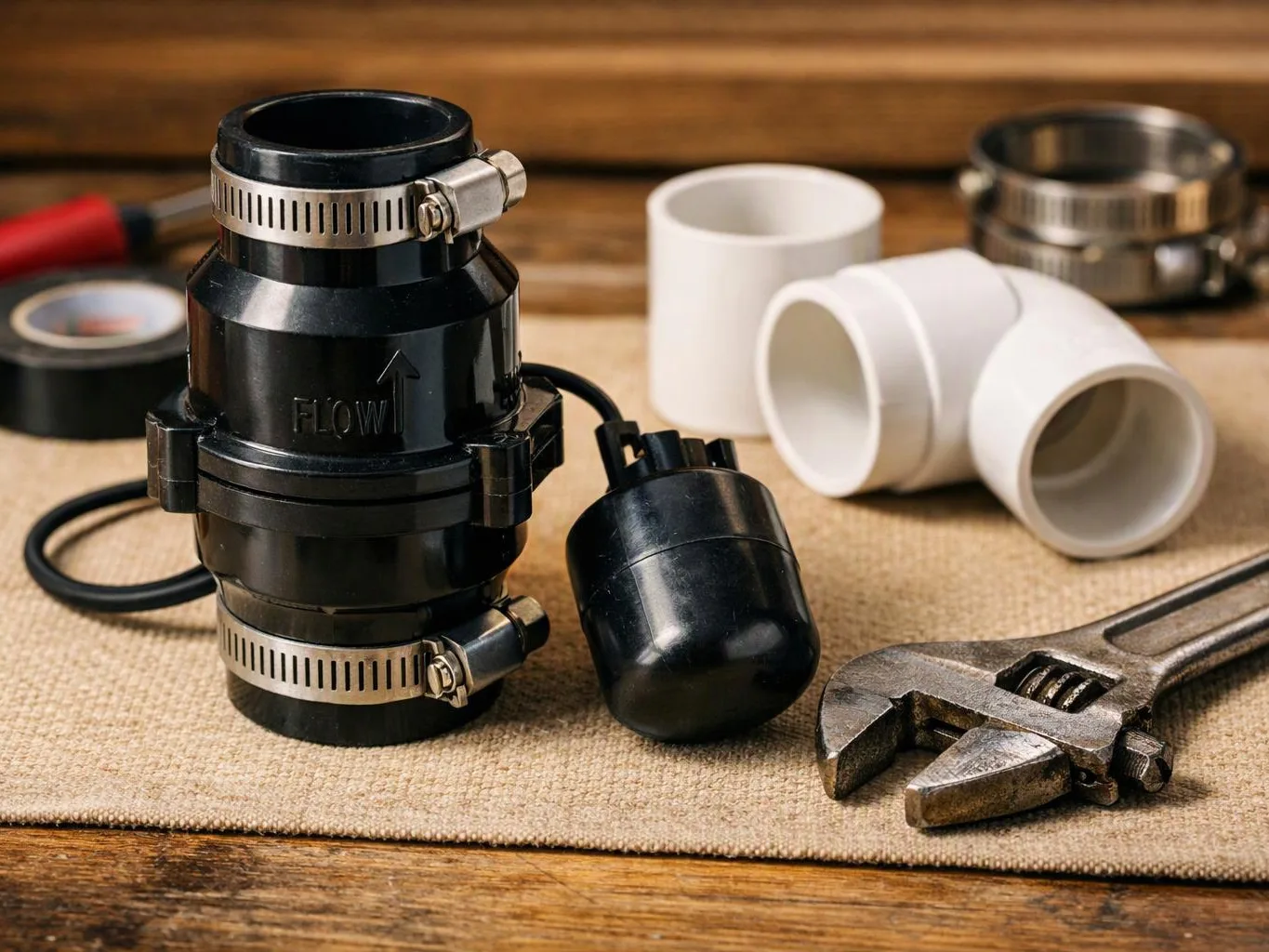 Black plumbing fittings, a float switch, and a wrench sit on a wooden workbench