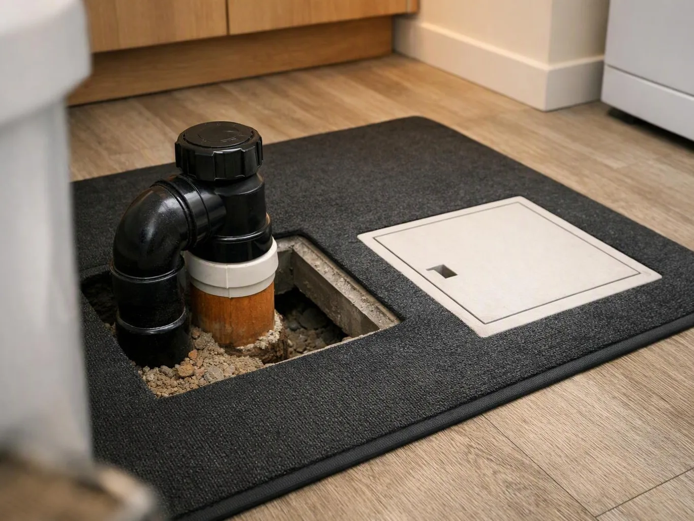 Black plumbing pipes rise from a floor opening beside a white access panel on a dark mat