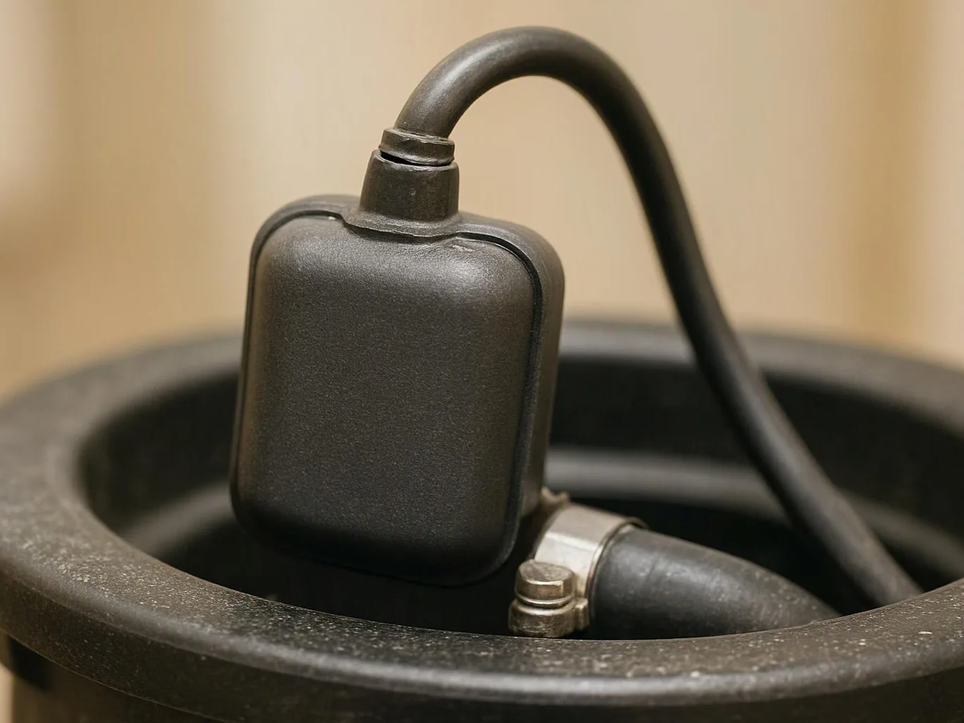 A black pump or sensor sits inside a round metal rim with a hose attached, against a beige background