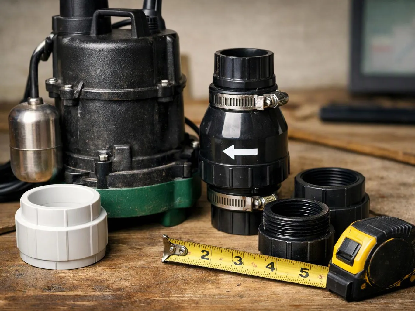 A black pump sits beside plastic fittings, a tape measure, and a white coupling on a wooden workbench