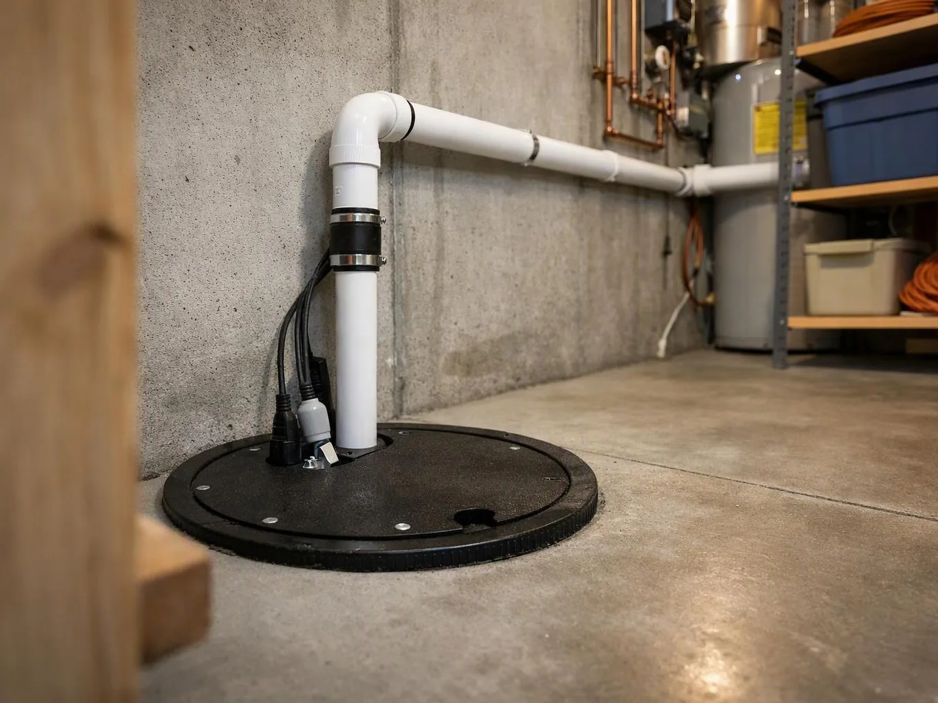 A black sump pump lid sits on a concrete floor beside a white PVC pipe and storage shelves