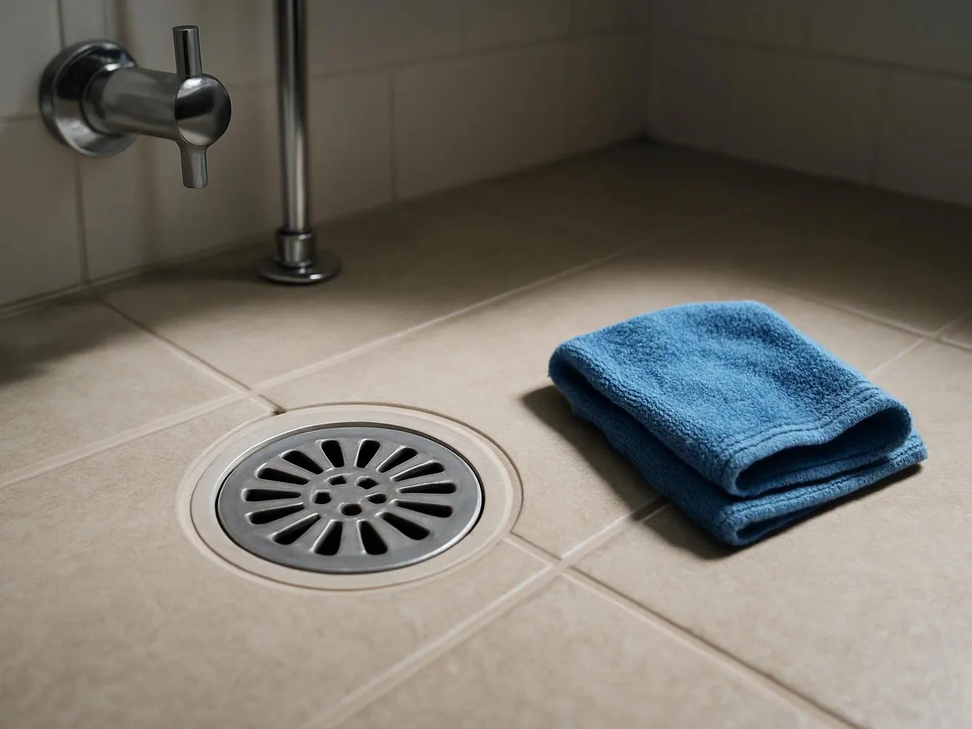 Blue folded towel sits beside a metal floor drain on beige tiled bathroom flooring