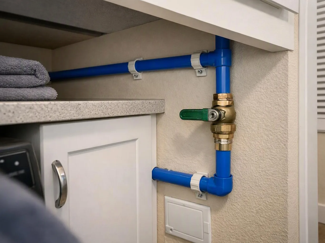 Blue plumbing pipes with a green shutoff valve run beside a cabinet under a countertop
