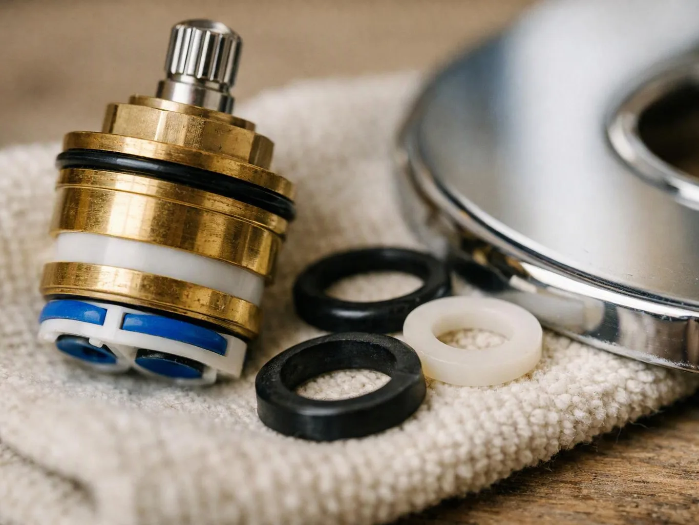 A brass faucet cartridge and rubber rings rest on a cloth beside a chrome fixture part