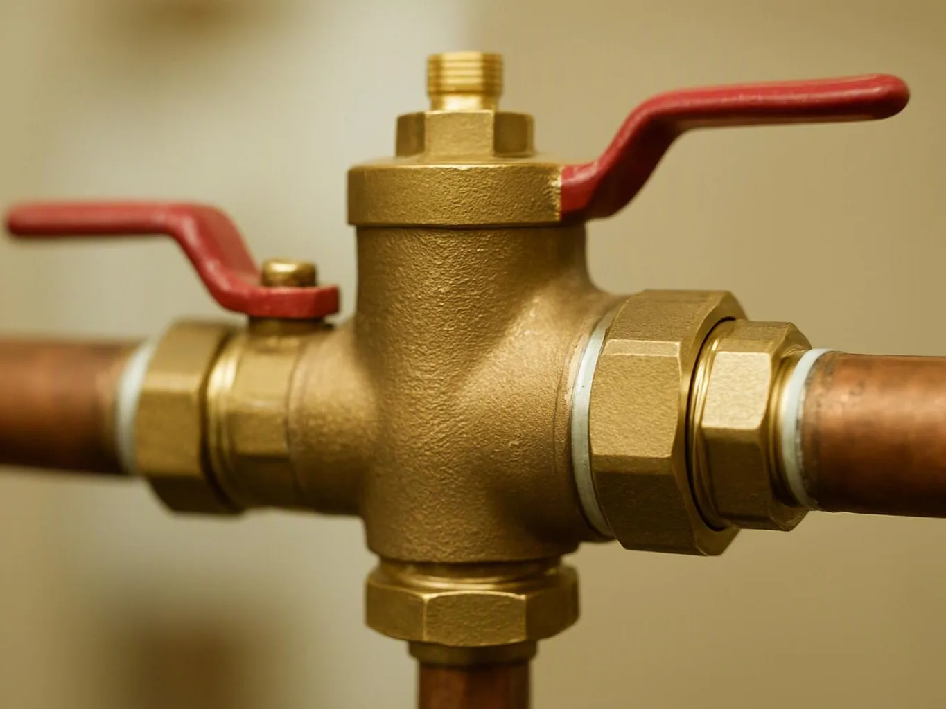 A brass pipe valve with red handles connects copper pipes against a blurred beige background