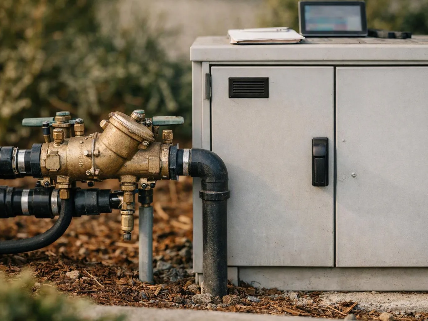 Brass pipes connect to a gray outdoor utility cabinet on a mulch-covered ground