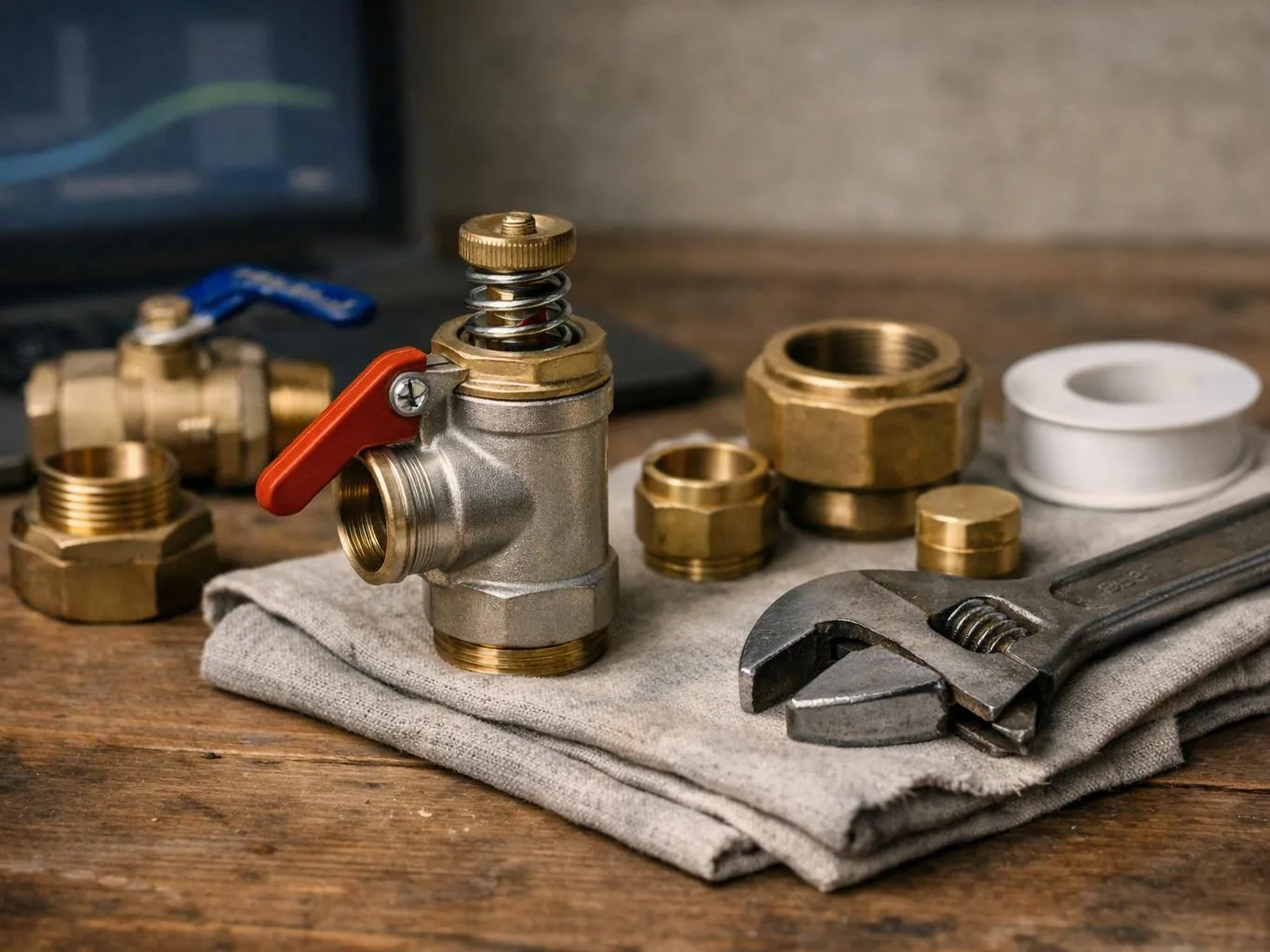 Brass plumbing fittings, a shutoff valve, and a wrench rest on folded cloth on a wooden workbench