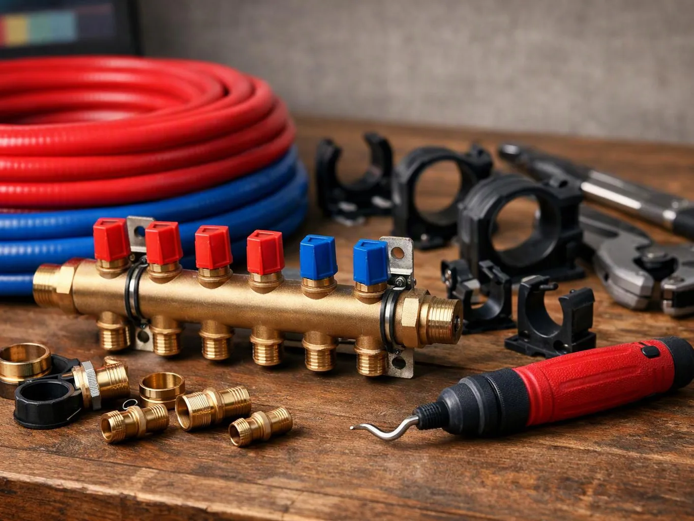 Brass plumbing manifold, red and blue hoses, and hand tools arranged on a wooden workbench