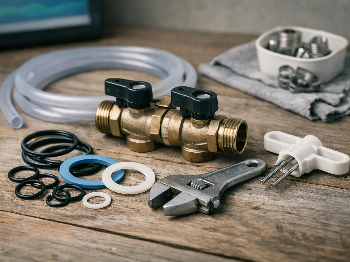 Brass plumbing valve, hoses, O-rings, wrench, and fittings arranged on a wooden workbench
