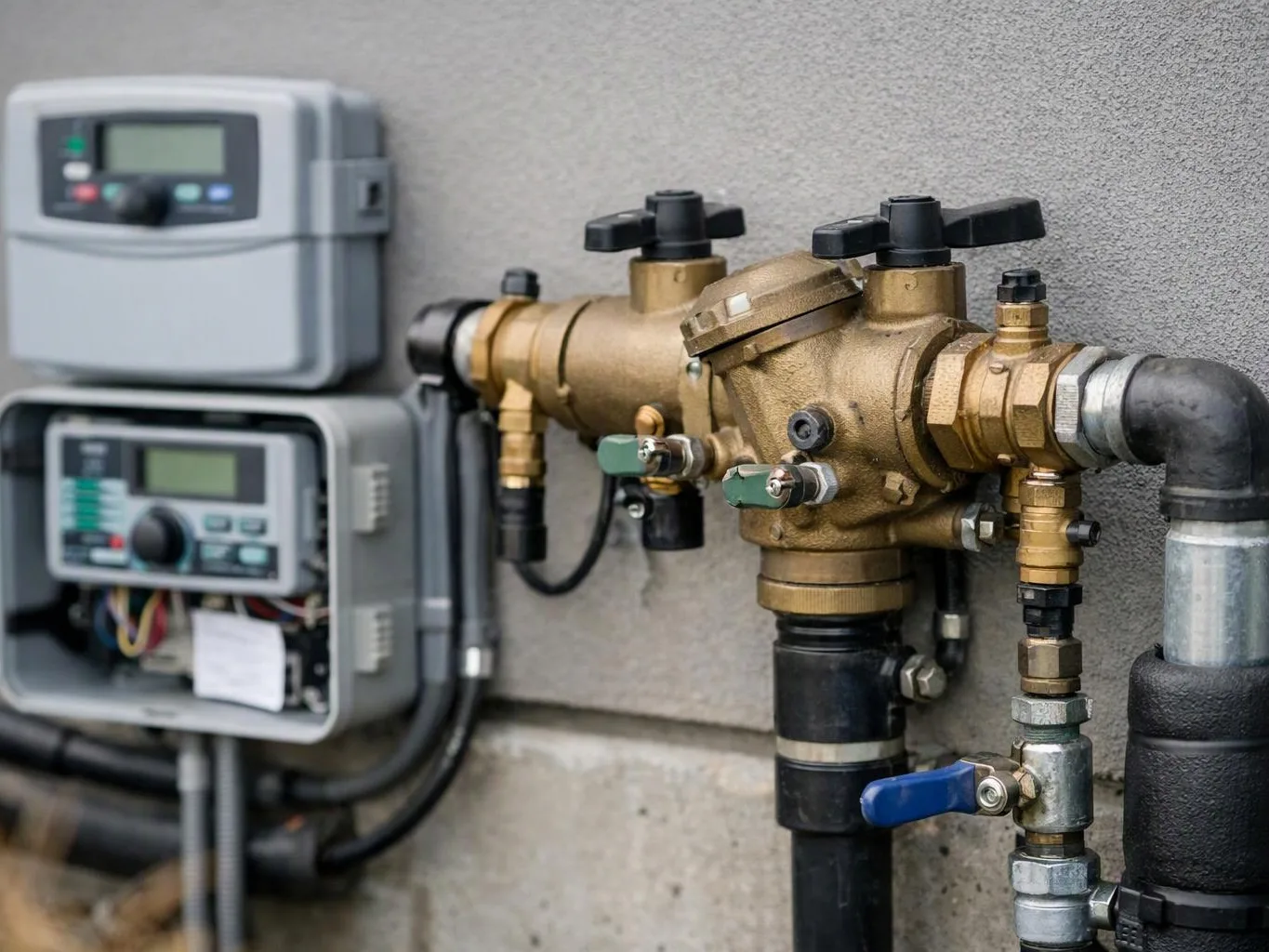 Brass plumbing valves and gray control boxes are mounted on a wall with connected pipes and gauges