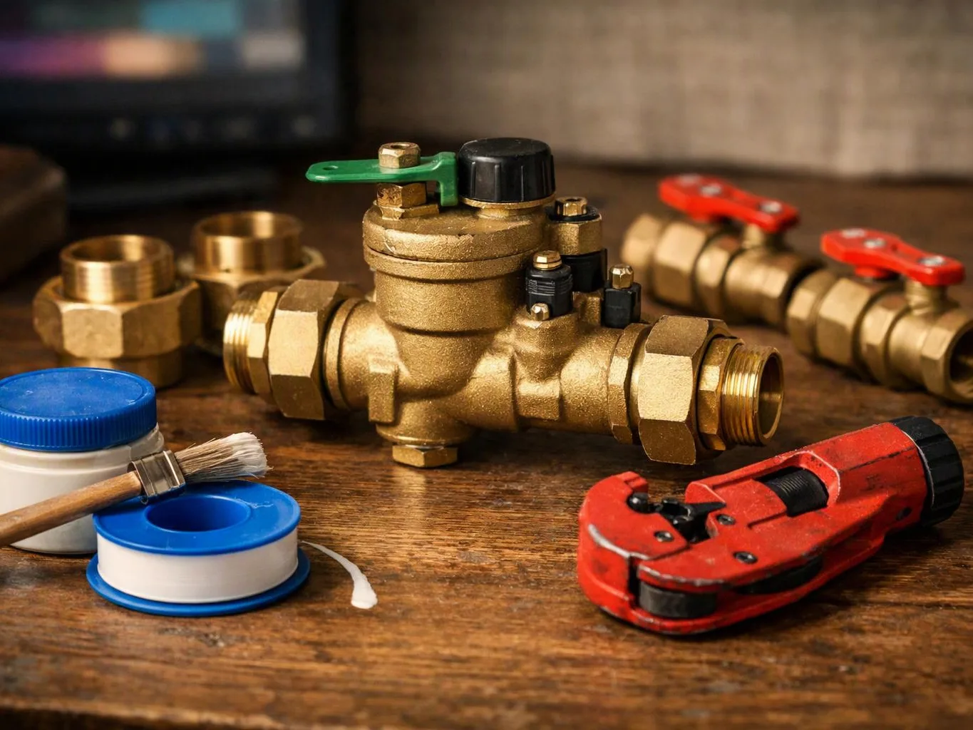 Brass plumbing valves, pipe fittings, PTFE tape, a brush, and a red pipe cutter sit on a wooden workbench