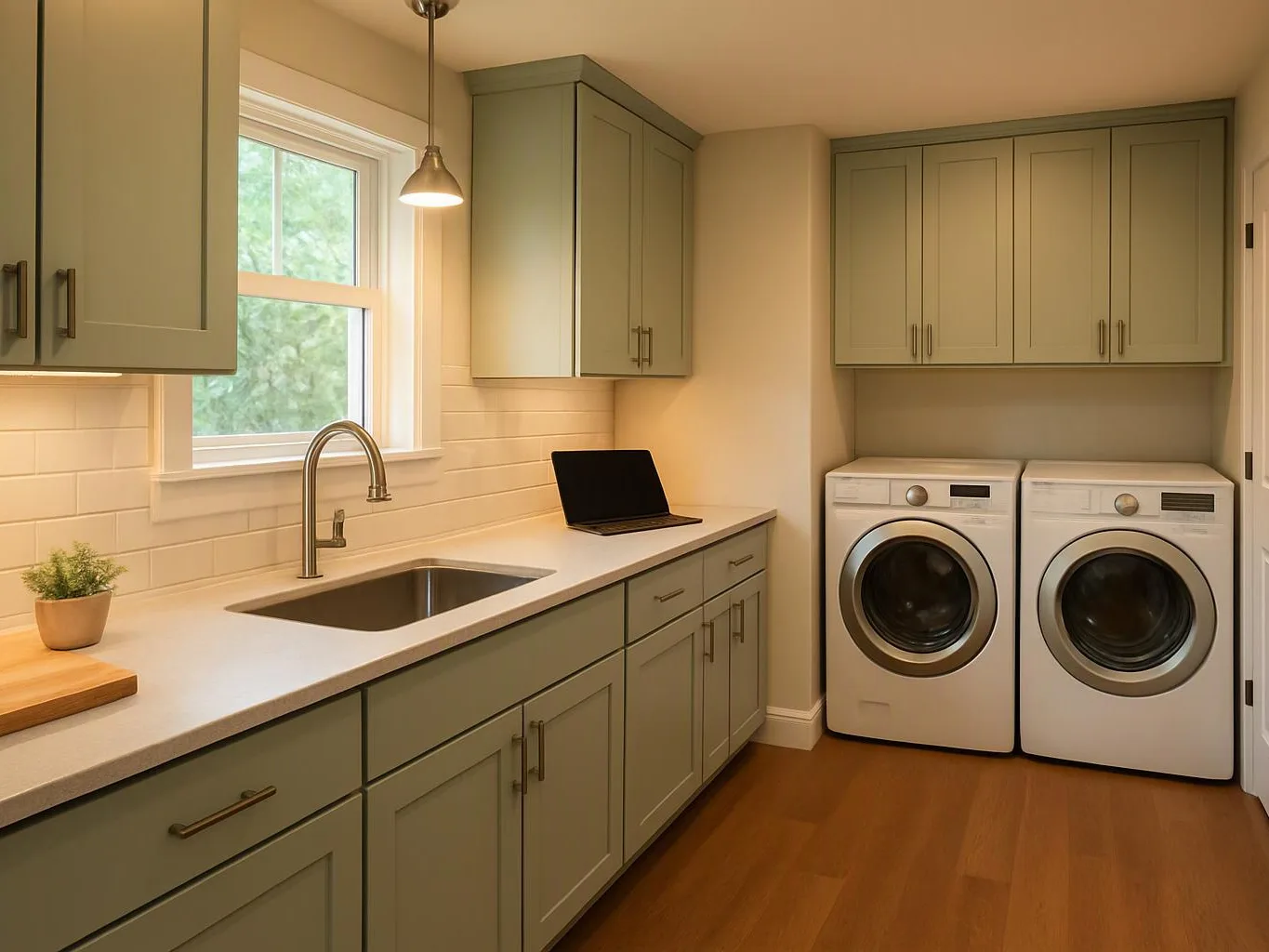 A bright laundry room has sage cabinets, a sink under a window, and two front-loading machines under wall cabinets