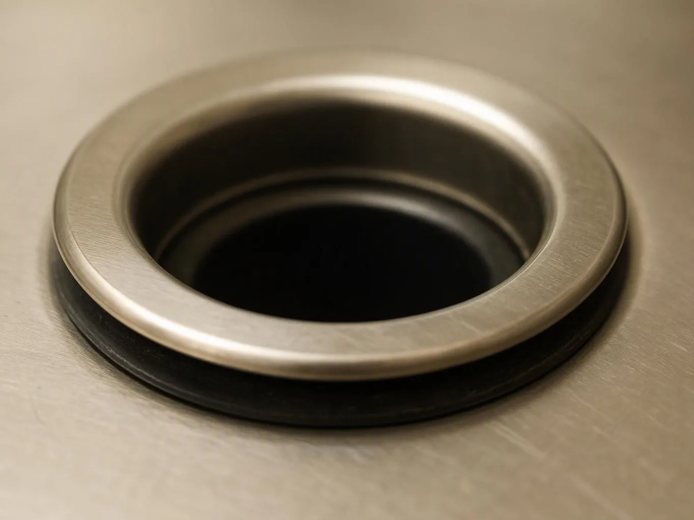 A brushed metal sink drain sits centered in a close-up of a stainless steel surface