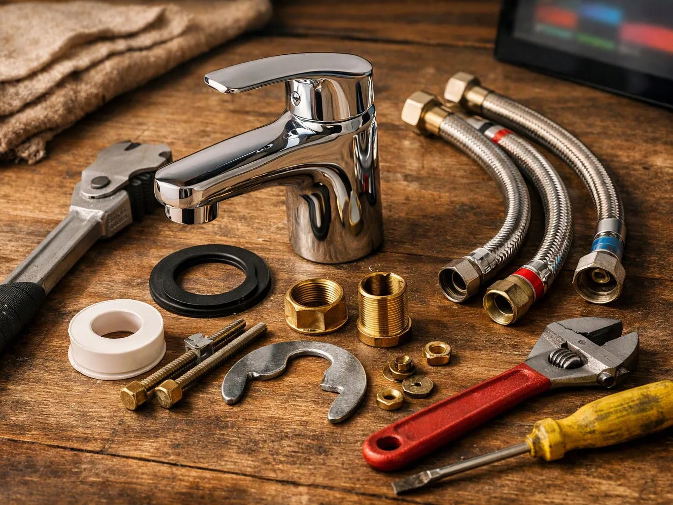A chrome faucet sits on a wooden workbench with plumbing fittings, hoses, wrenches, tape, and small parts