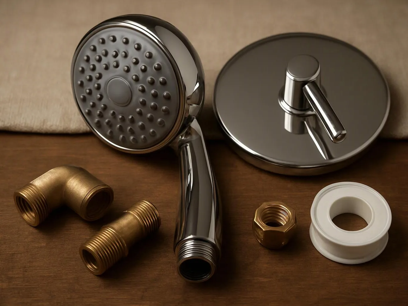 Chrome shower head parts and fittings are arranged on a wooden surface against a beige backdrop