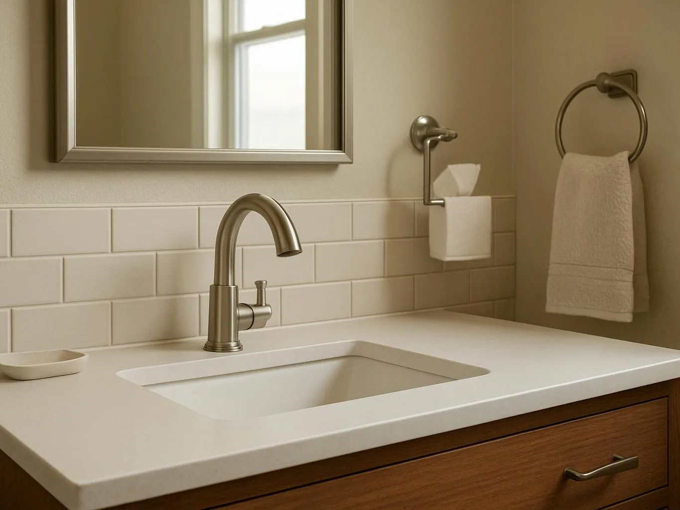 A clean bathroom vanity with a white sink, brushed metal faucet, mirror, towel ring