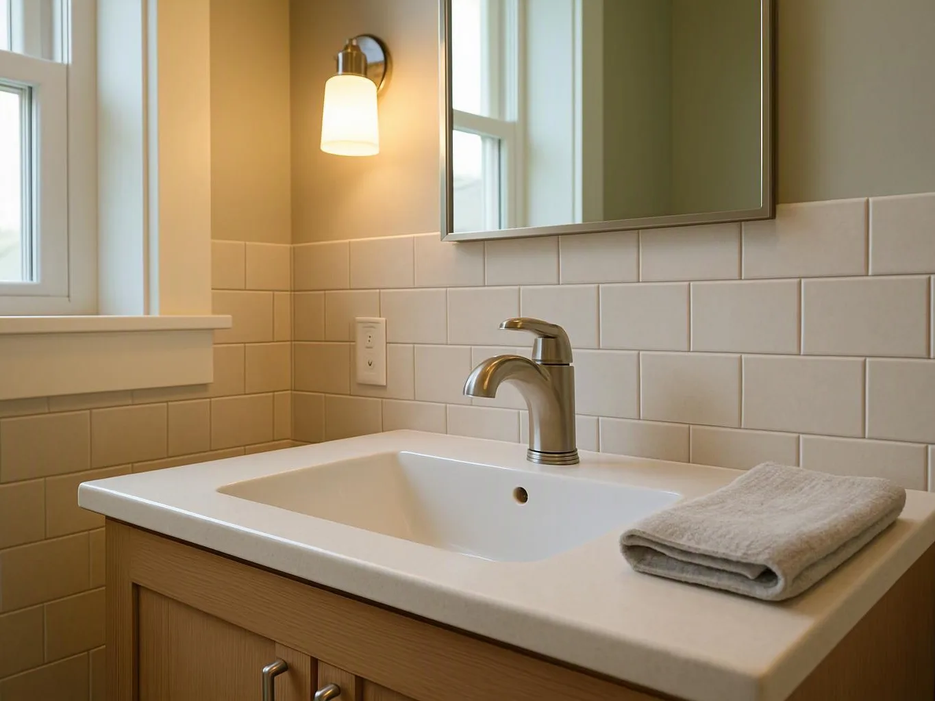 A clean bathroom vanity with a white sink, chrome faucet, folded towel, tiled wall, and mirror by a window