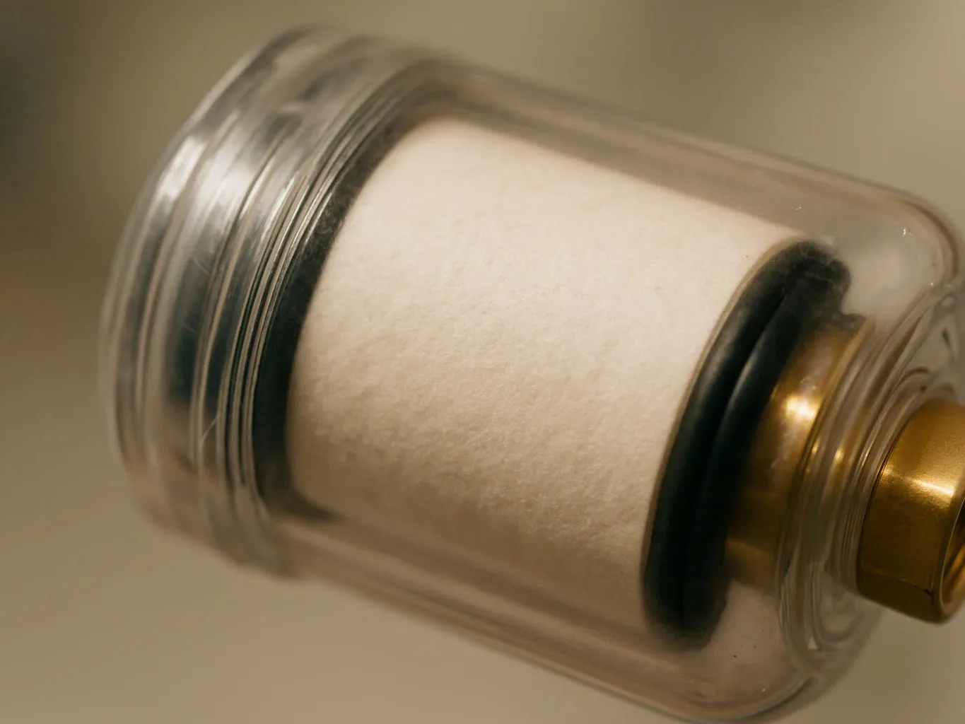 A clear plastic filter cartridge with white media and black seals is shown in close-up against a plain background