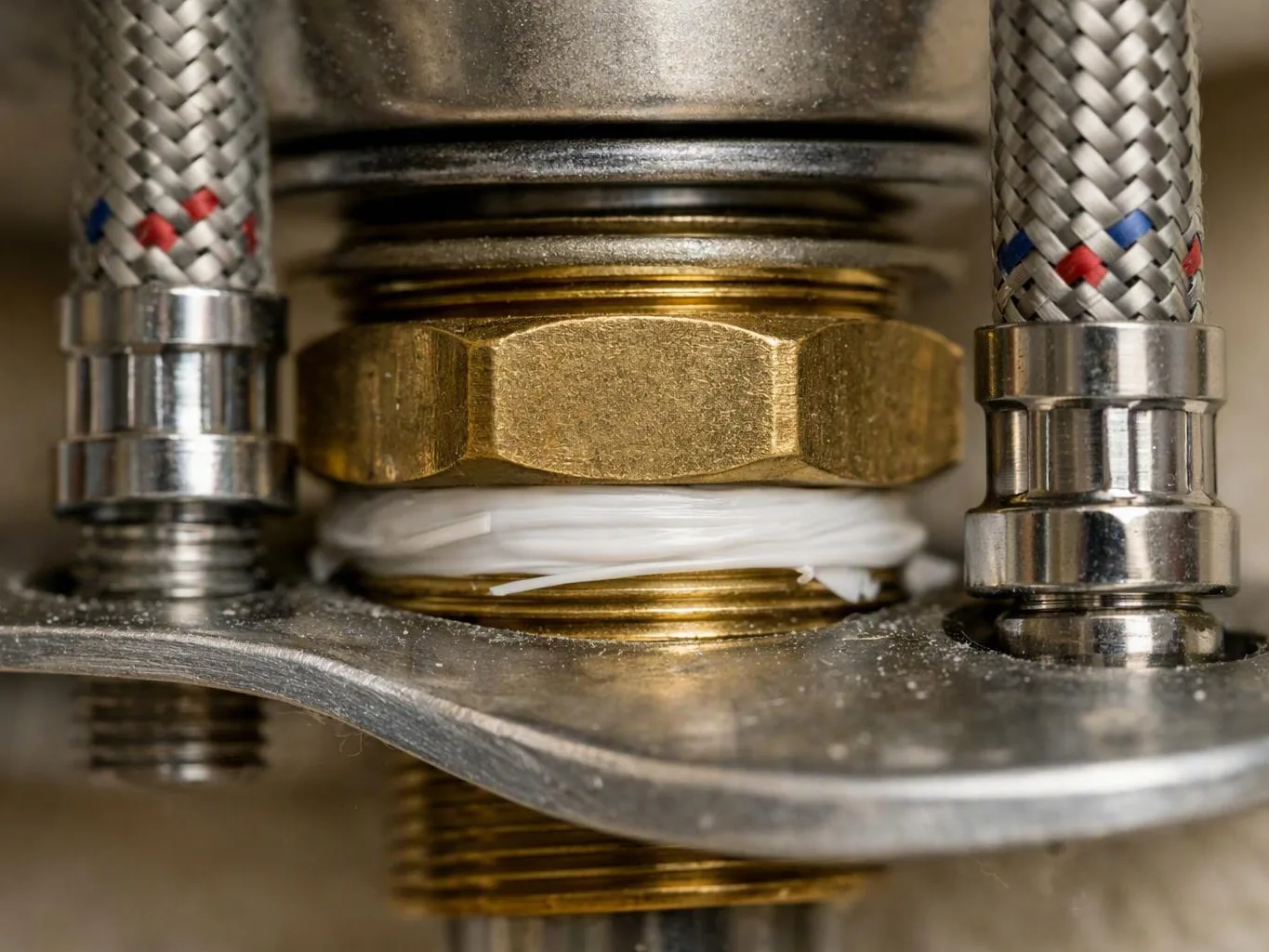 Close-up of braided hoses and brass plumbing fittings around a threaded metal valve connection