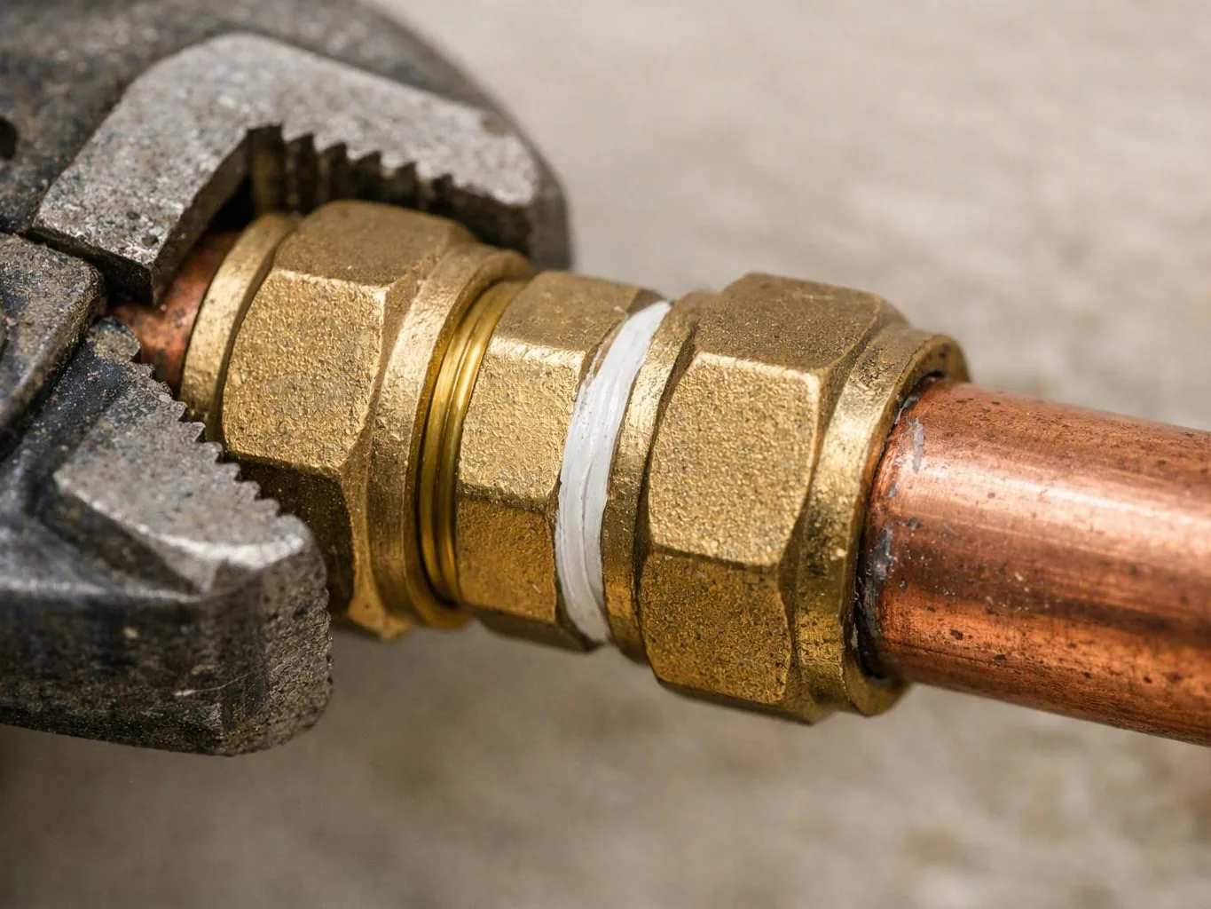 Close-up of a brass pipe fitting being held by a wrench on a copper pipe