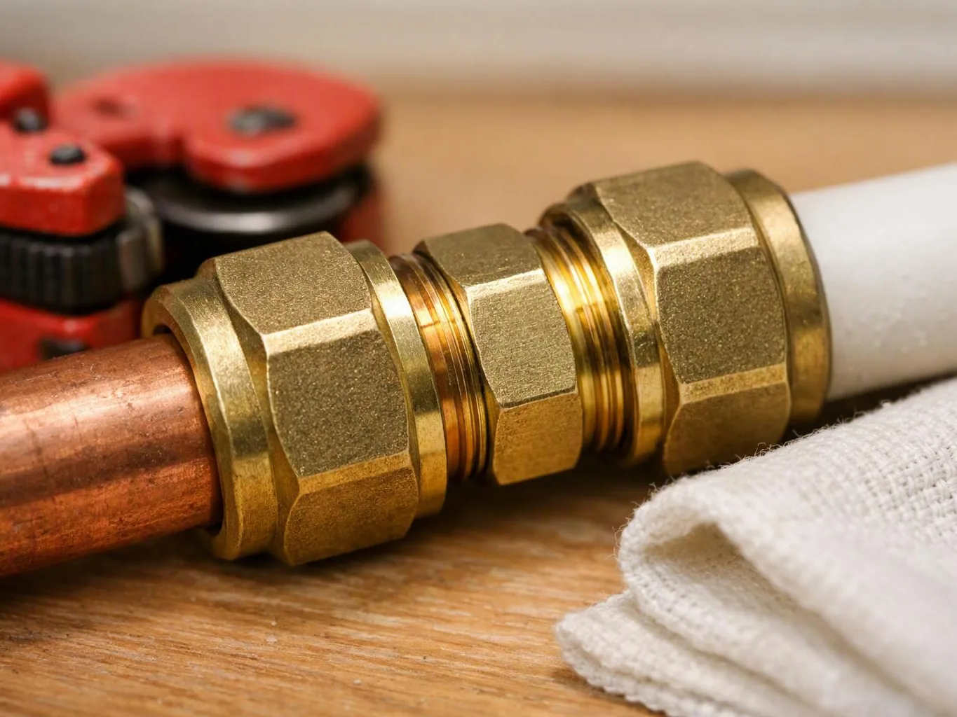 Close-up of a brass pipe fitting joining a copper pipe to a white pipe on a wooden surface