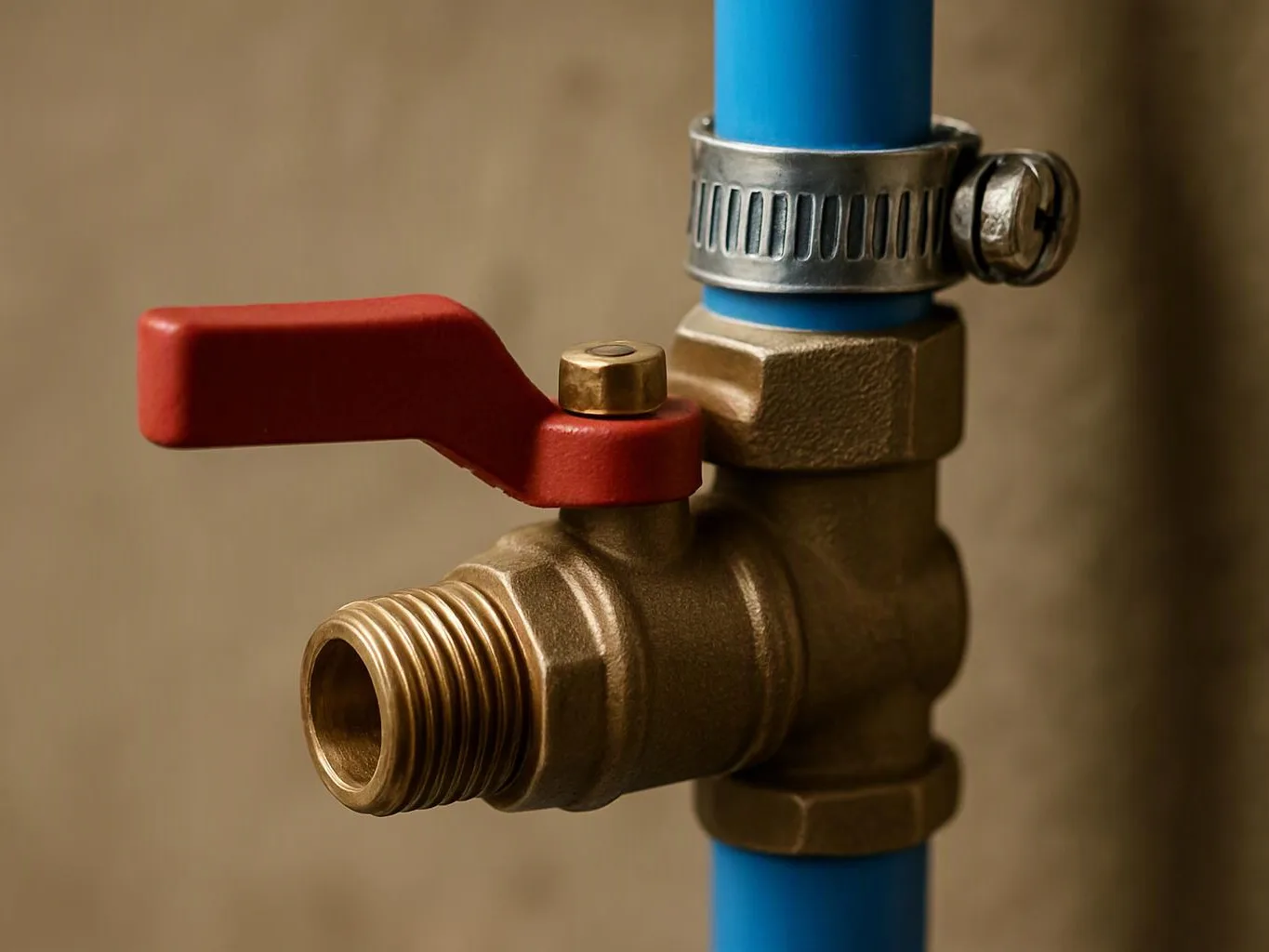 Close-up of a brass pipe valve with a red lever attached to blue piping against a plain background