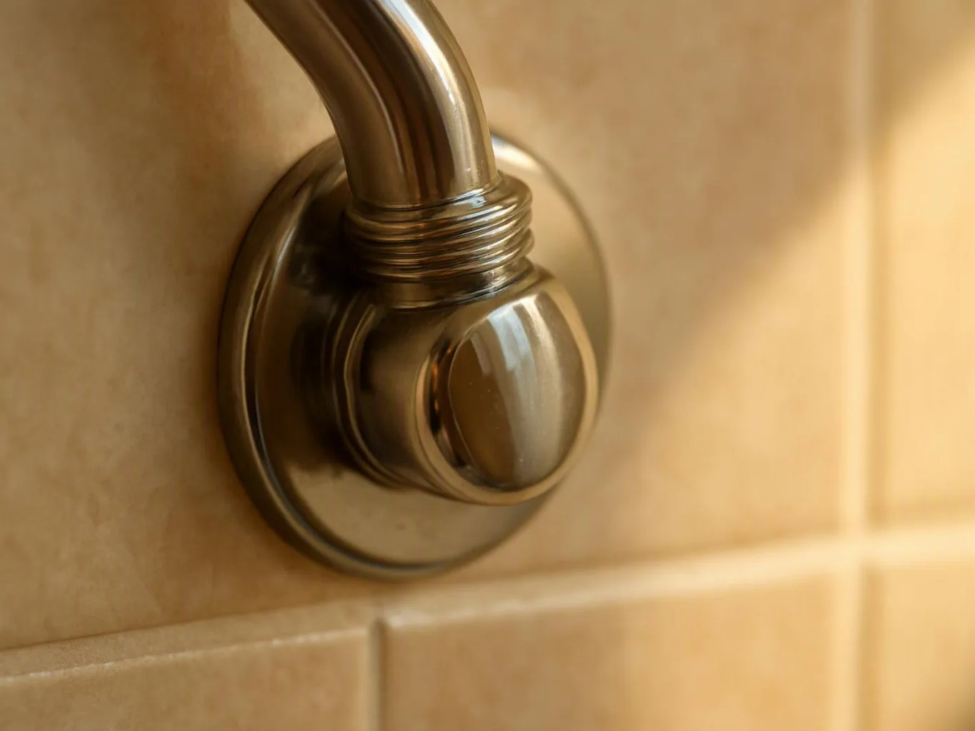 Close-up of a chrome shower control on beige bathroom tiles