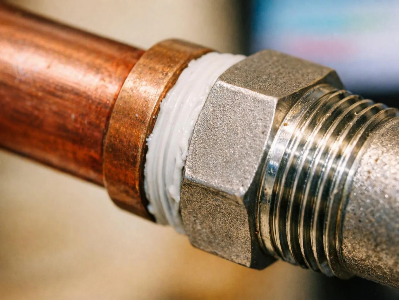 Close-up of a copper pipe joined to a threaded metal fitting with white sealant wrapped around the connection