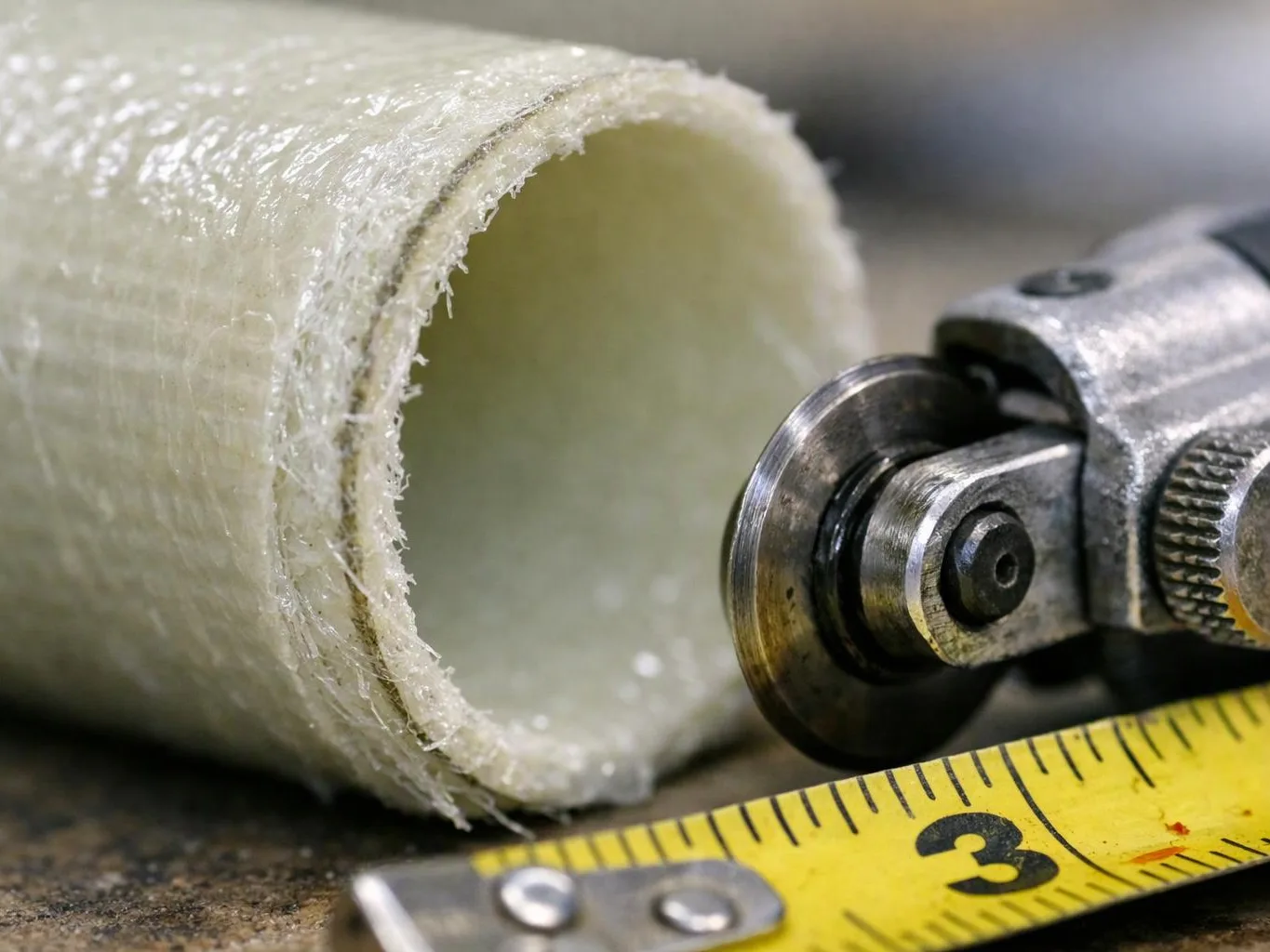 A close-up shows a fiberglass tube, a metal cutting tool, and a yellow tape measure on a workbench
