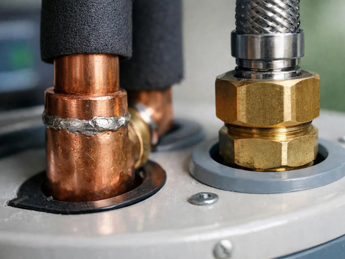 Close-up of two metal plumbing connections with insulated pipes entering a gray appliance panel