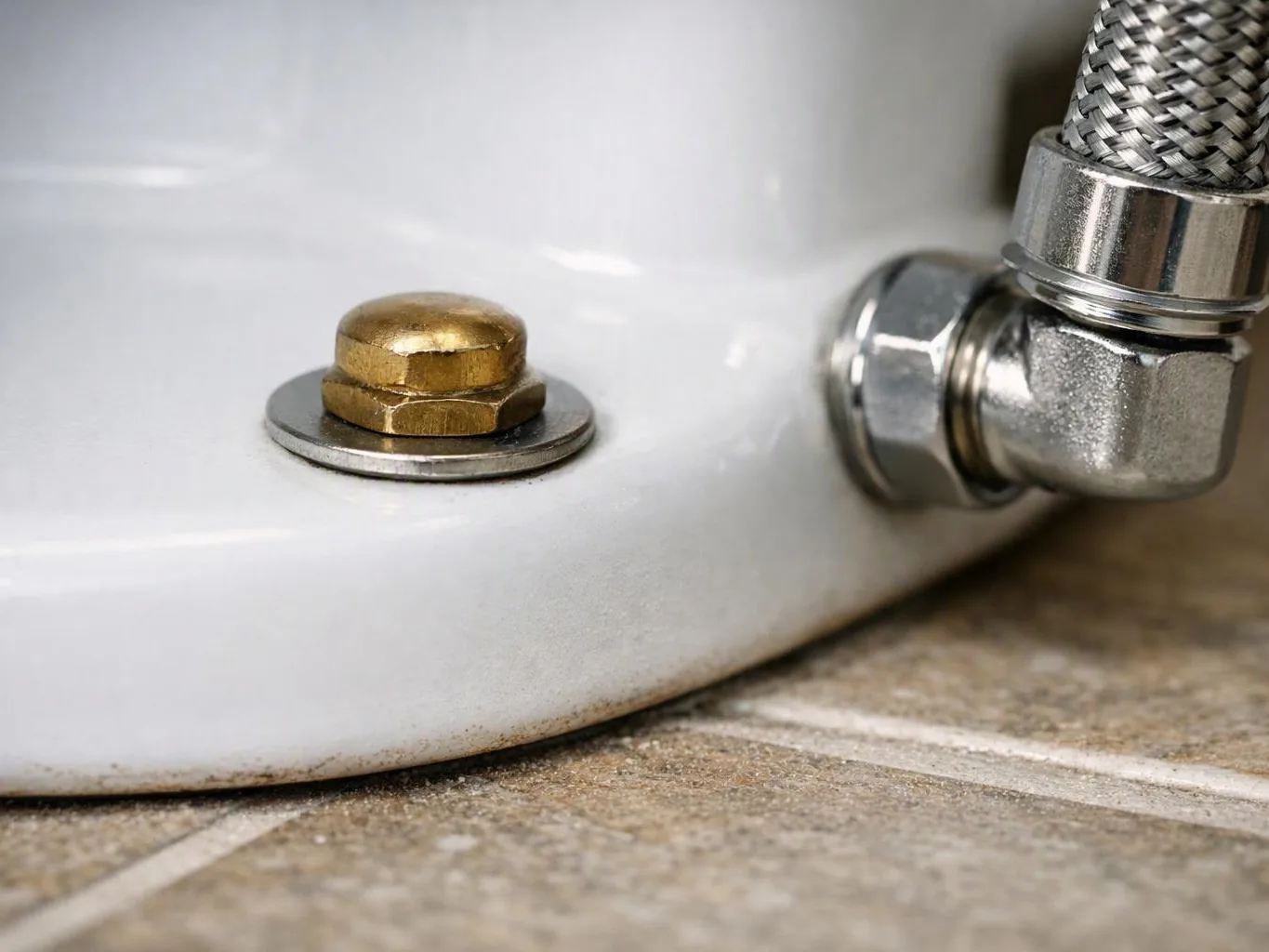 Close-up of a white appliance base with a brass bolt and a braided metal hose fitting on tile flooring