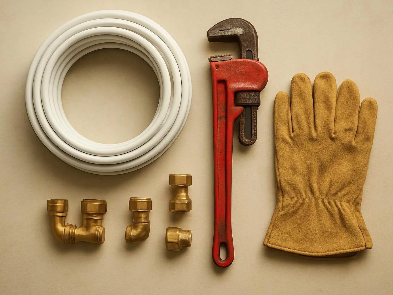 A coiled white hose, red pipe wrench, brass fittings, and tan work glove are arranged on a beige surface