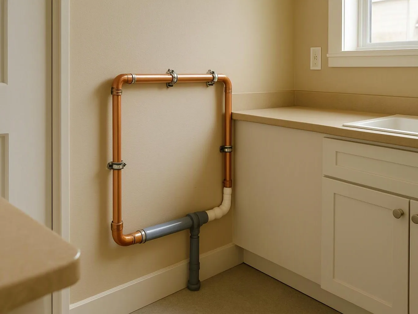 Copper and gray pipes run along a beige wall beside a kitchen counter and sink area