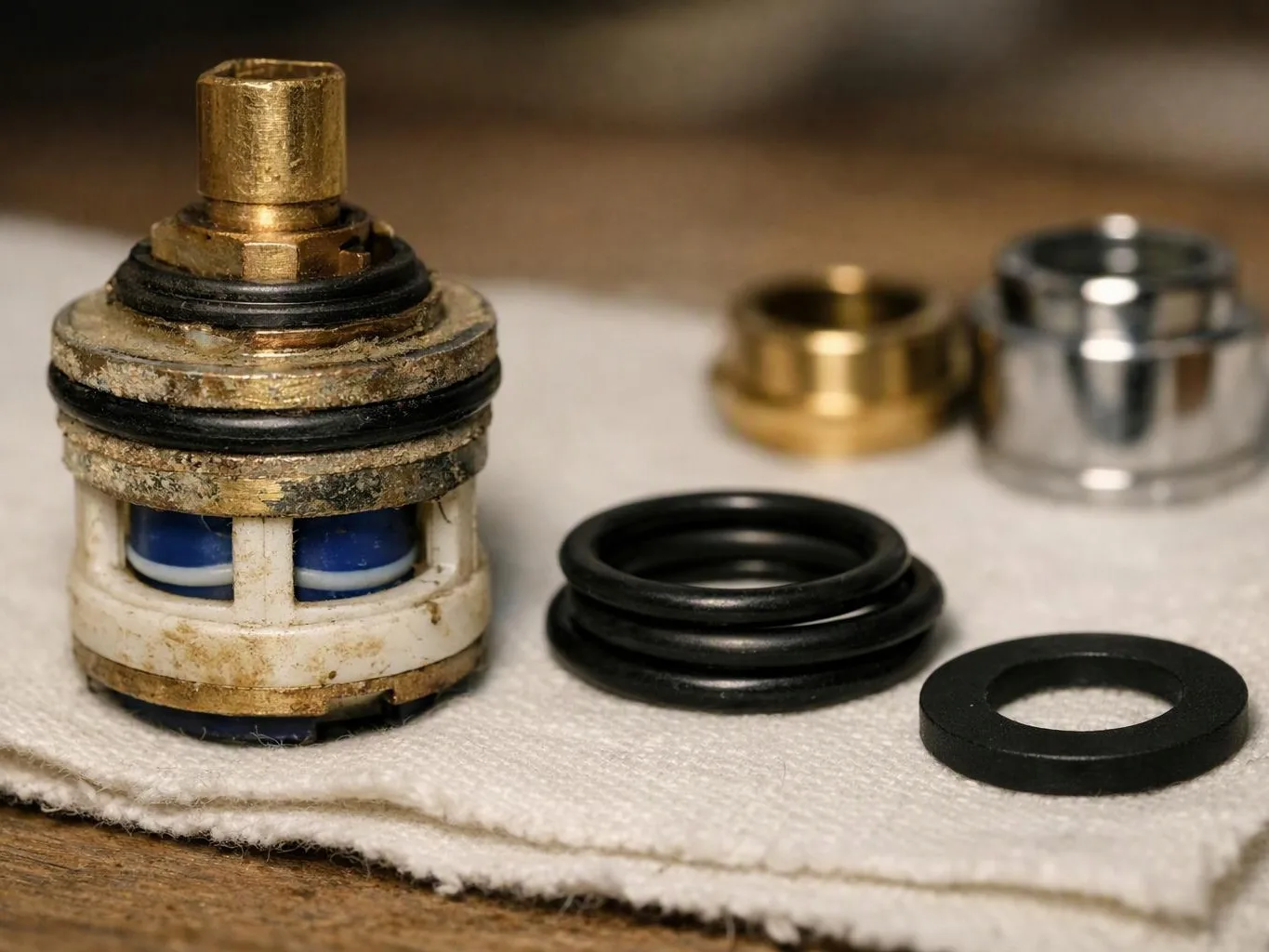 A corroded metal valve cartridge sits on a cloth with black rubber rings and shiny replacement parts nearby