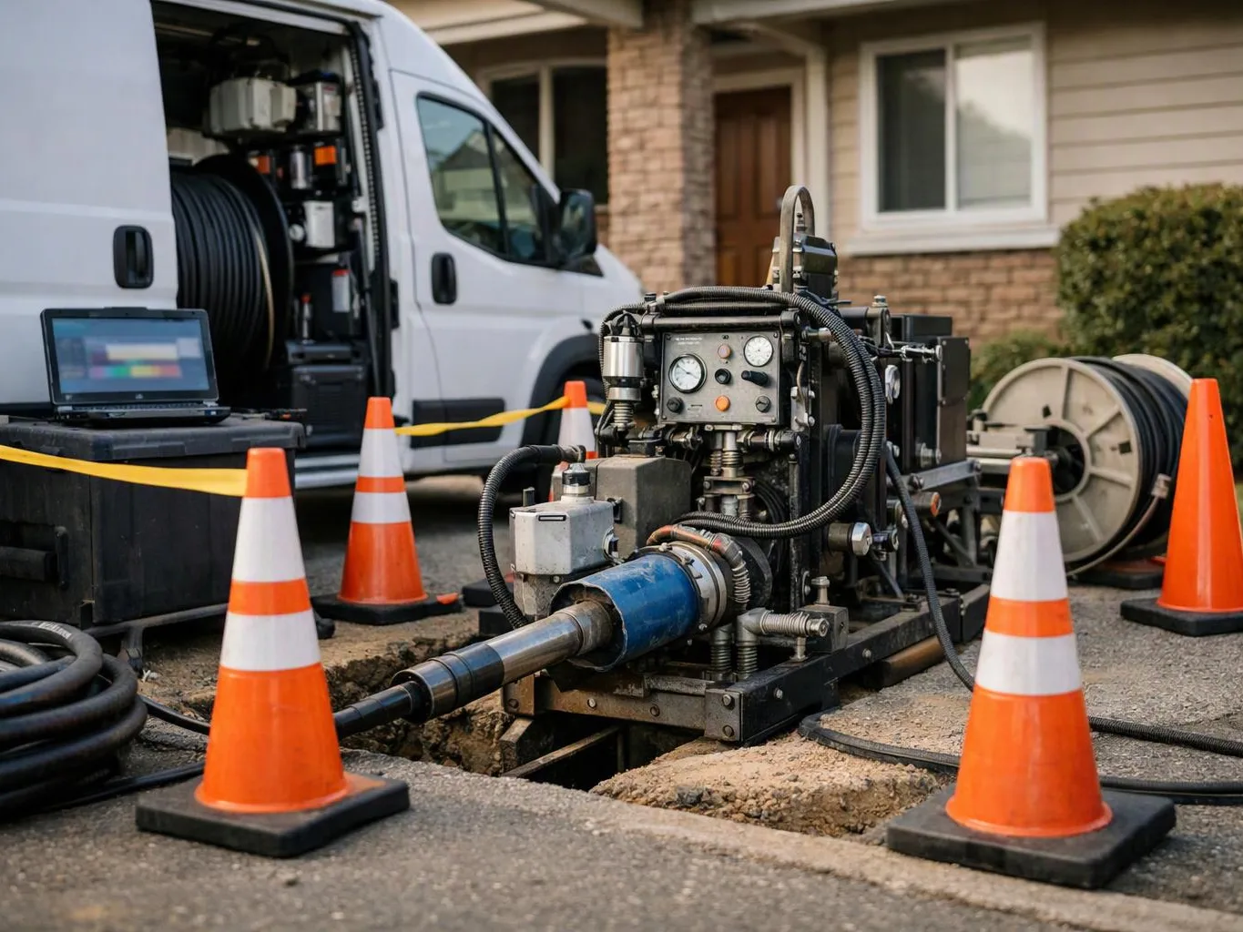 A drilling machine sits in a driveway hole beside orange cones, with a white van and laptop nearby