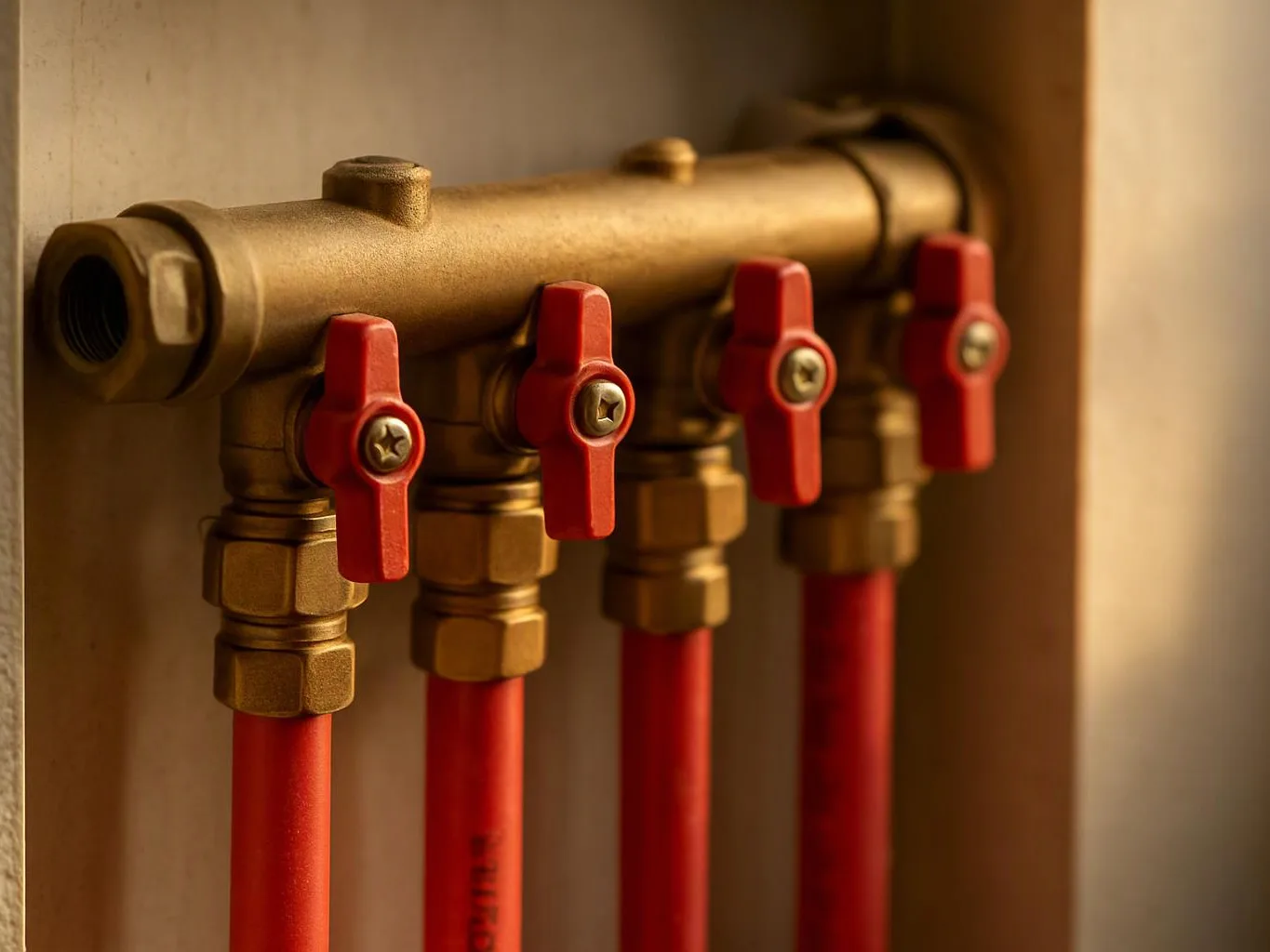 Four red valve handles control brass pipes inside a wooden cabinet