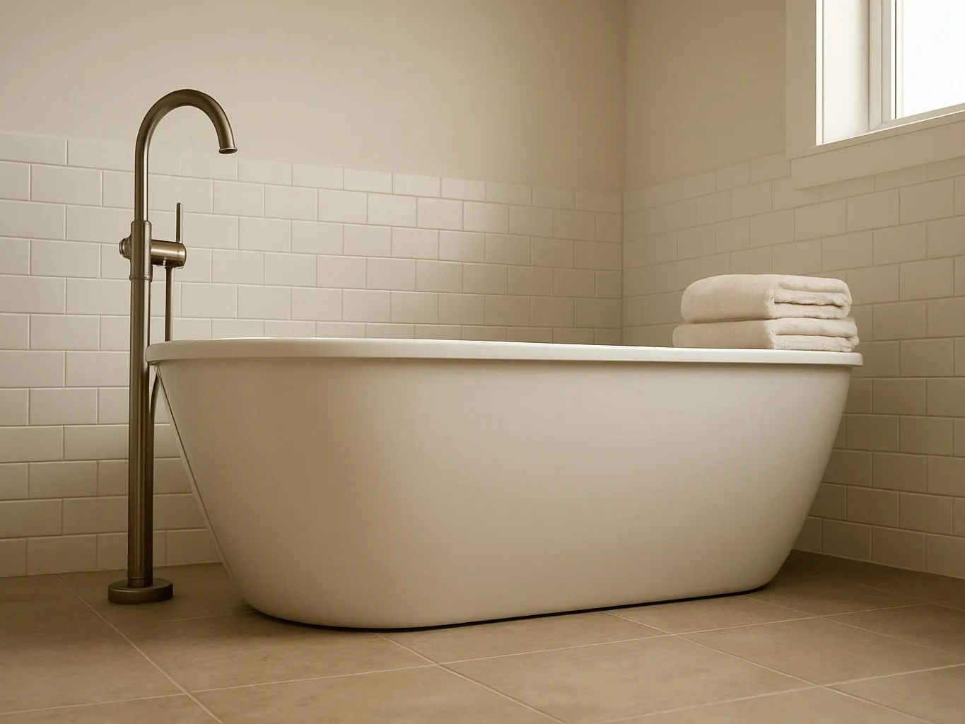 A freestanding white bathtub sits in a tiled bathroom beside a tall faucet and folded towels