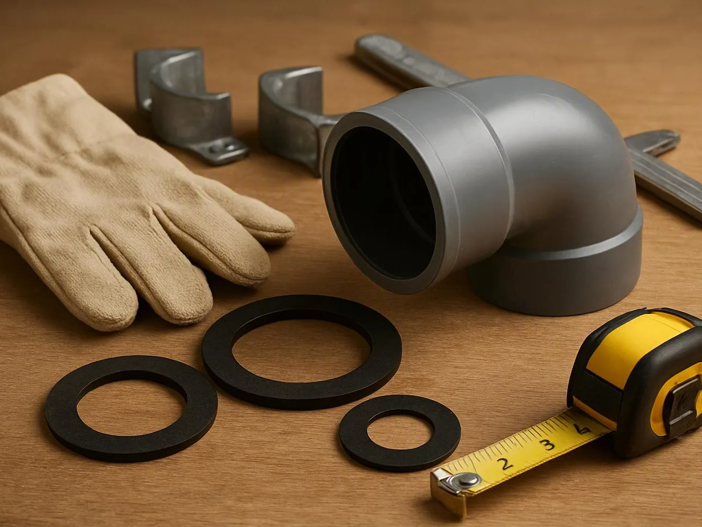 A glove, metal pipe elbow, rubber rings, and a tape measure lie on a wooden work surface