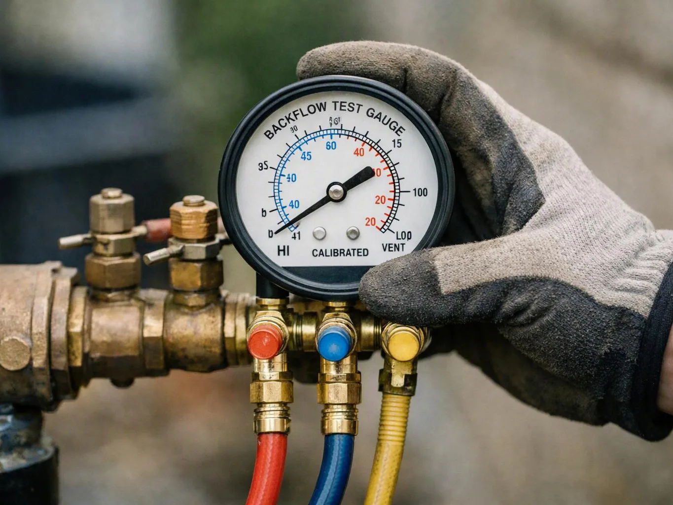 A gloved hand holds a backflow test gauge attached to brass plumbing valves and colored hoses outdoors