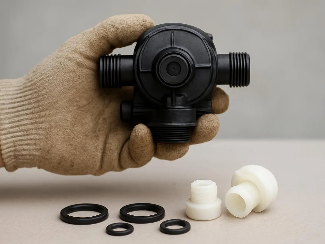 Gloved hand holds a black plastic valve beside white fittings and rubber O-rings on a table